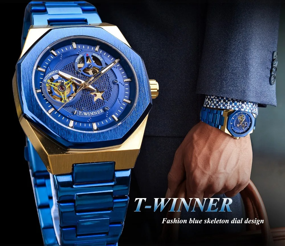 T-WINNER – Reloj Automático Skeleton Azul de Lujo