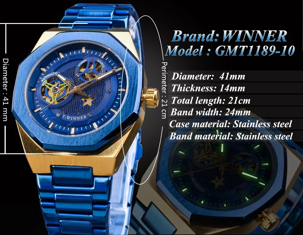 T-WINNER – Reloj Automático Skeleton Azul de Lujo